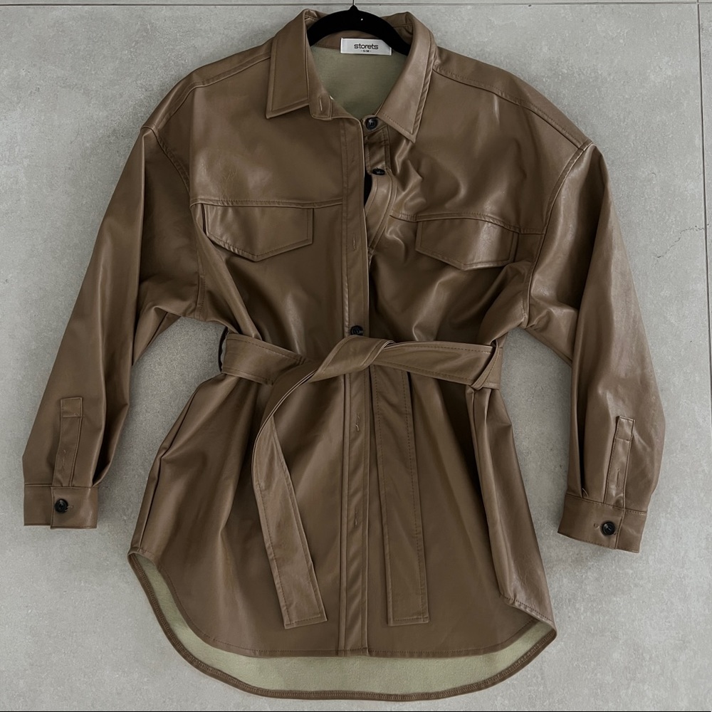 STORETS FAUX LEATHER TRENCH JACKET WITH TIE